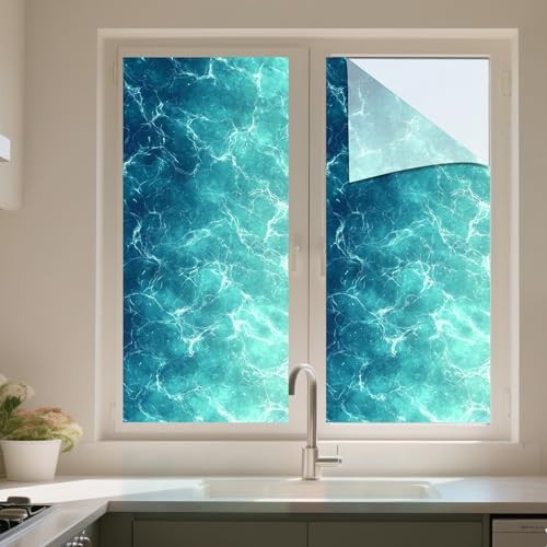 Stained Glass Window Film 17.7×39.3 inch Water Texture Deep Blue Water Surface
