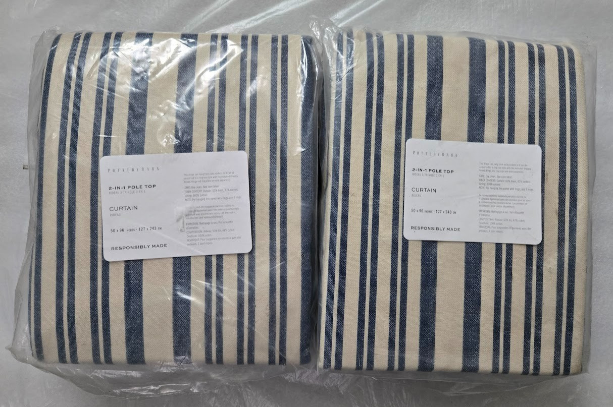Pottery Barn 2-in-1 Pole Top Antique Stripe Print 2-Curtains 50″ x 96″ Blue/Flax
