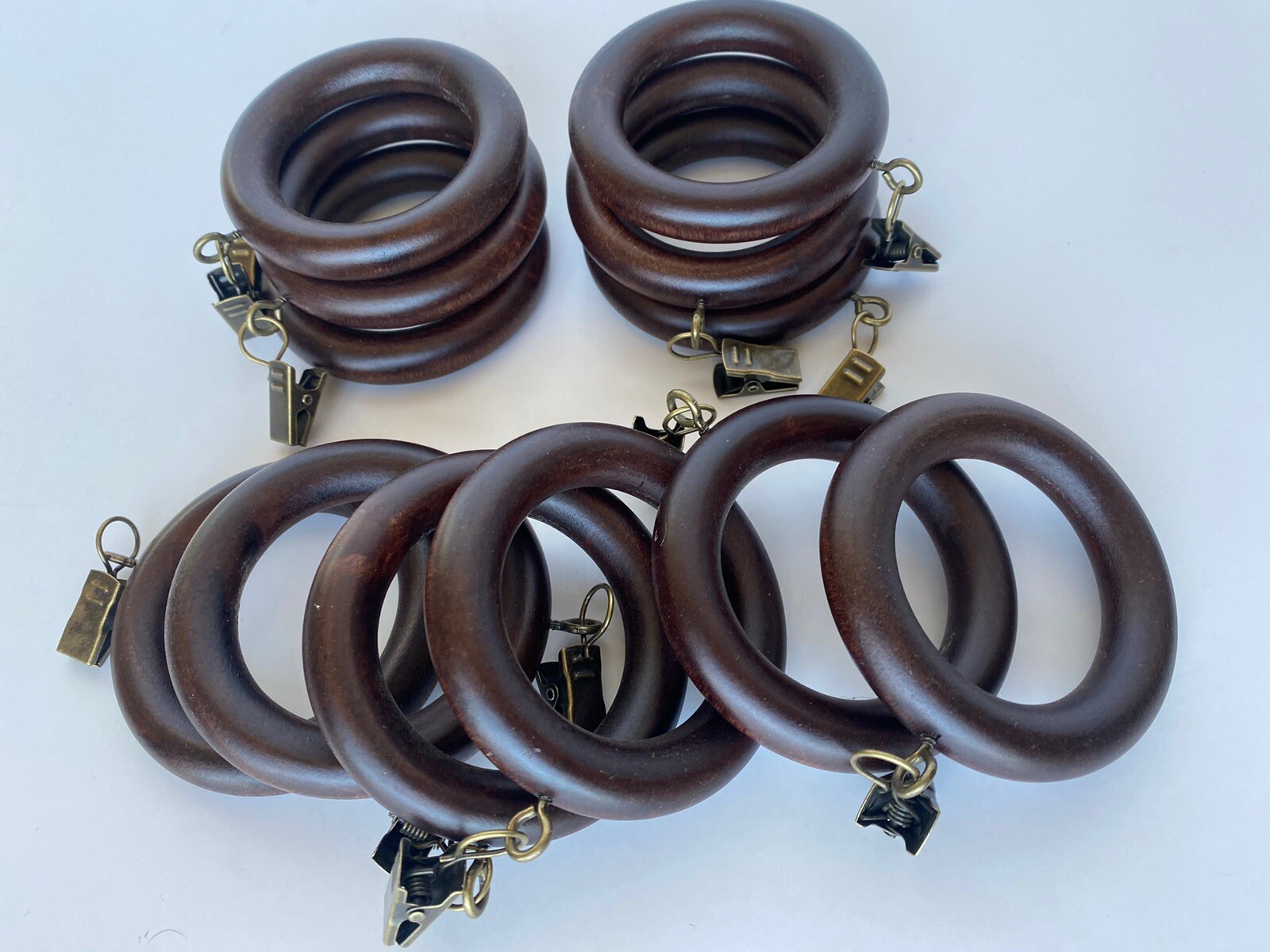 Lot of 12 Brown Wood Drapery Curtain Rings 1 3/4” Inside diameter Gold tone Clip
