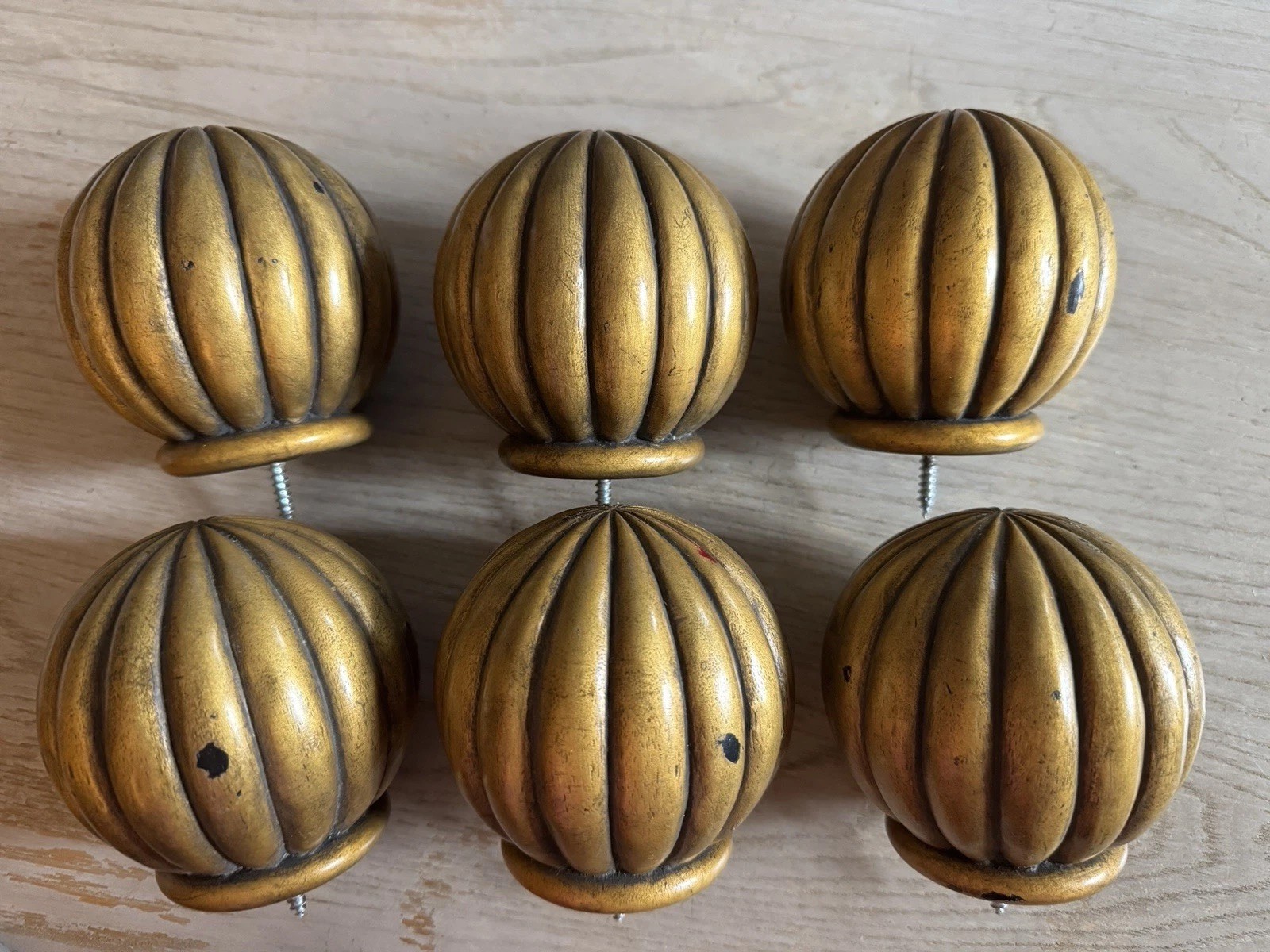 6 Solid Wood Antique Gold Curtain Rod Finials 3 1/2” Long With 2 1/8”Diameter.