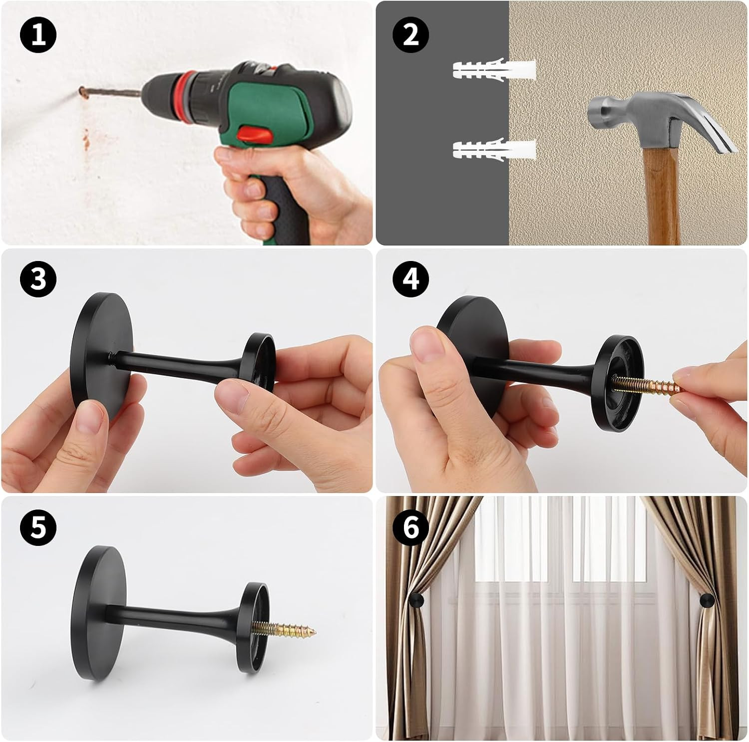 ​2 Pack Black Curtain Tiebacks,Wall Mounted Zinc Alloy Holdbacks with Screws, De