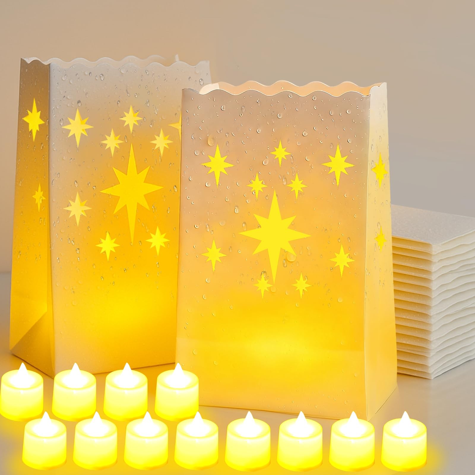 Waterproof 100-Pack Luminaria Bags with LED Candles – Reusable White Plastic …