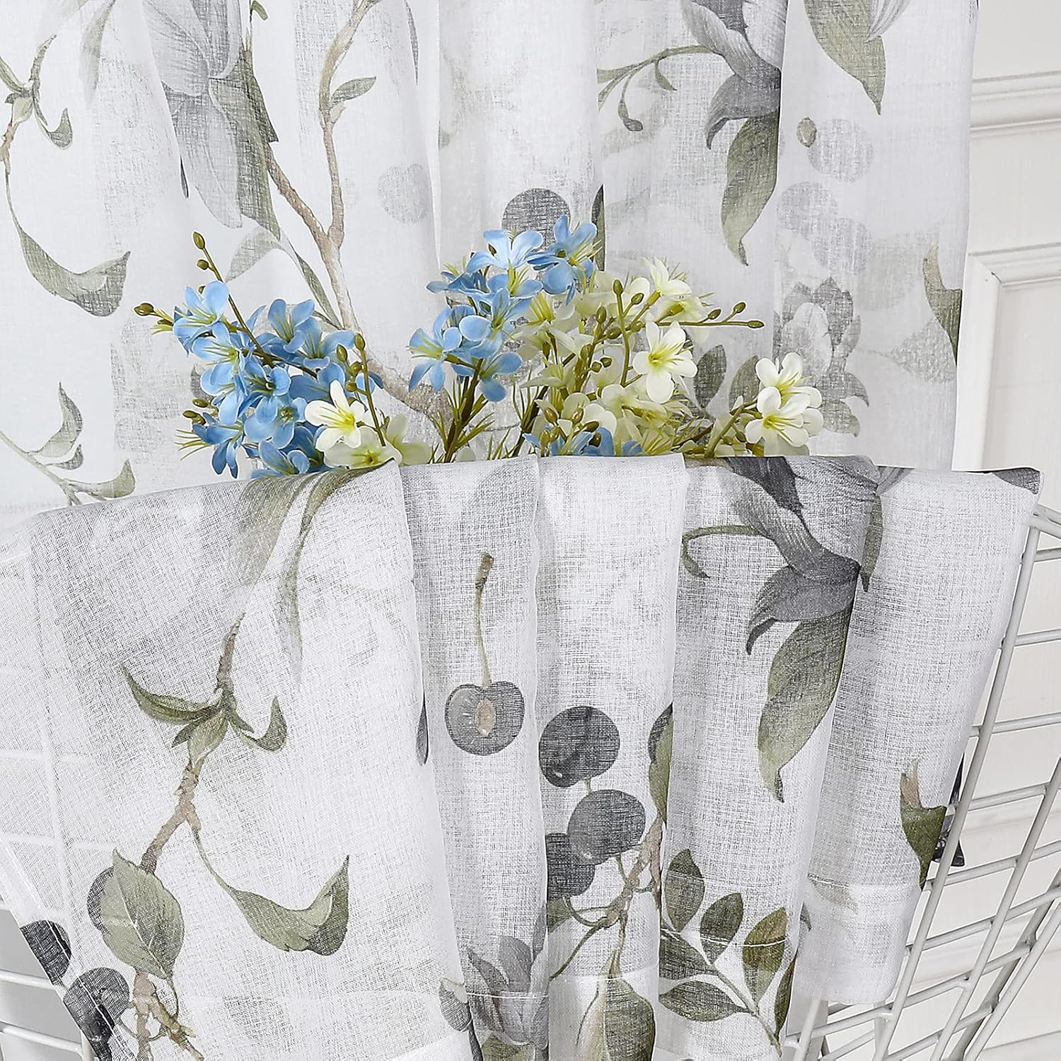 Floral Short Sheer Tier Curtains Grey Cherry Flower Butterfly Print Half Curtain
