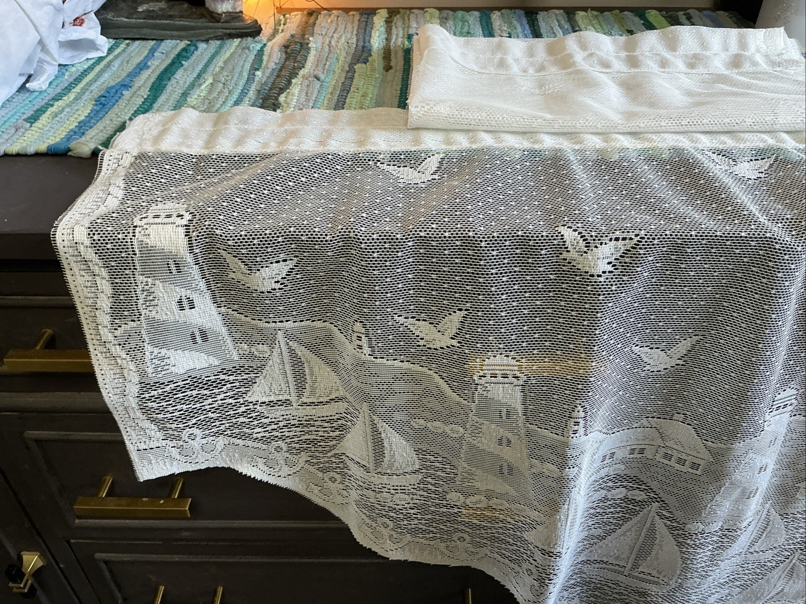 (2) White Lace LIGHTHOUSE Pair Swag Valance 34″L x 30″w A38