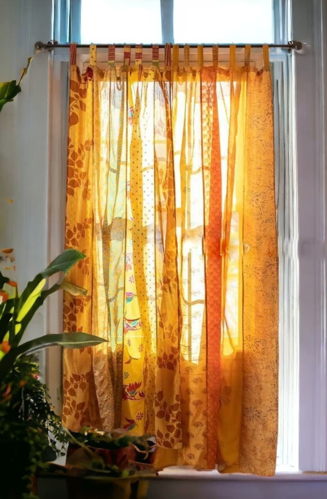 2 Pc Indian Old Recycle Silk Saree Boho Multi Curtain Door Drape Decor Curtain