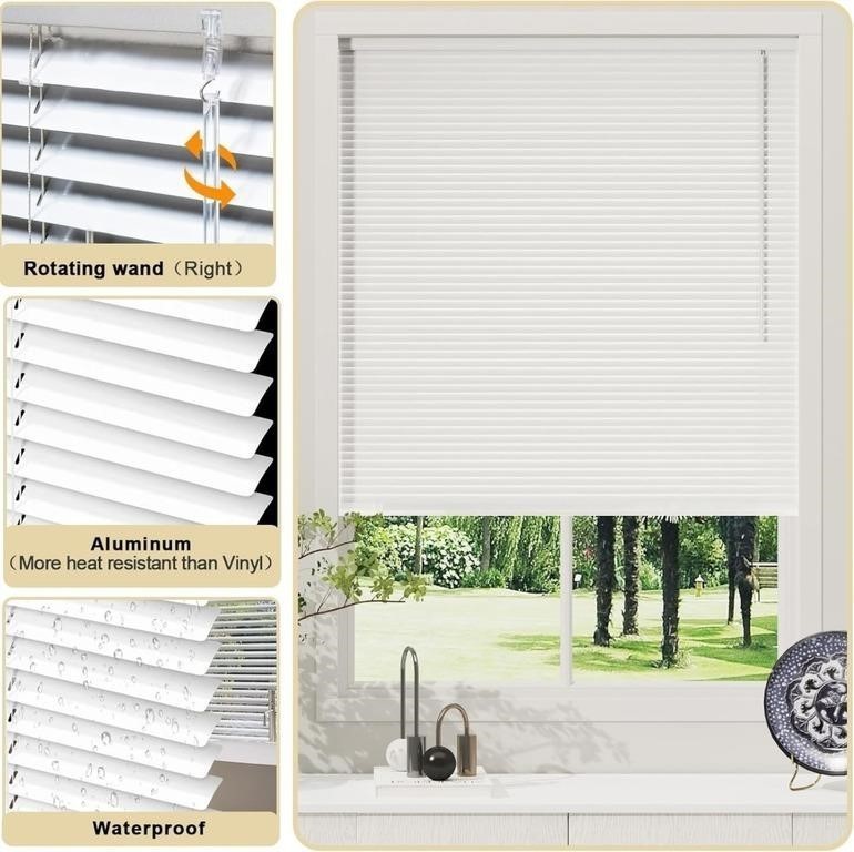Cordless Waterproof Aluminum Mini Blinds White Window Frame Mounted Tilt Wand