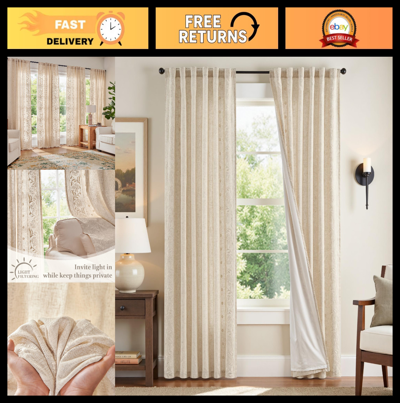 Linen Blended Floral Curtains 84″ – Embroidered Bordered Drapes for Bedroom & Li