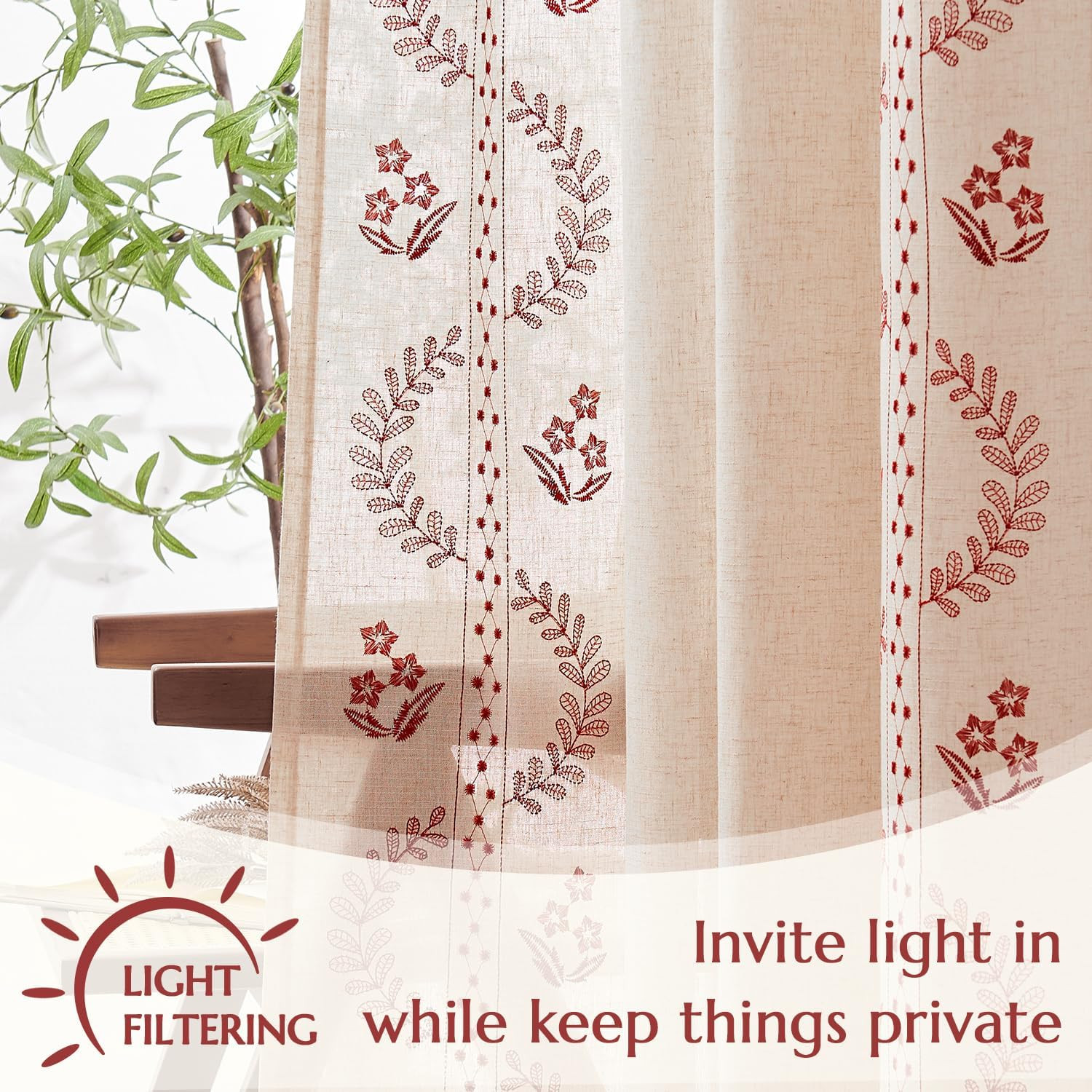 jinchan Belrose Linen Curtains for Bedroom Floral Curtains 63 Inch Length Linen