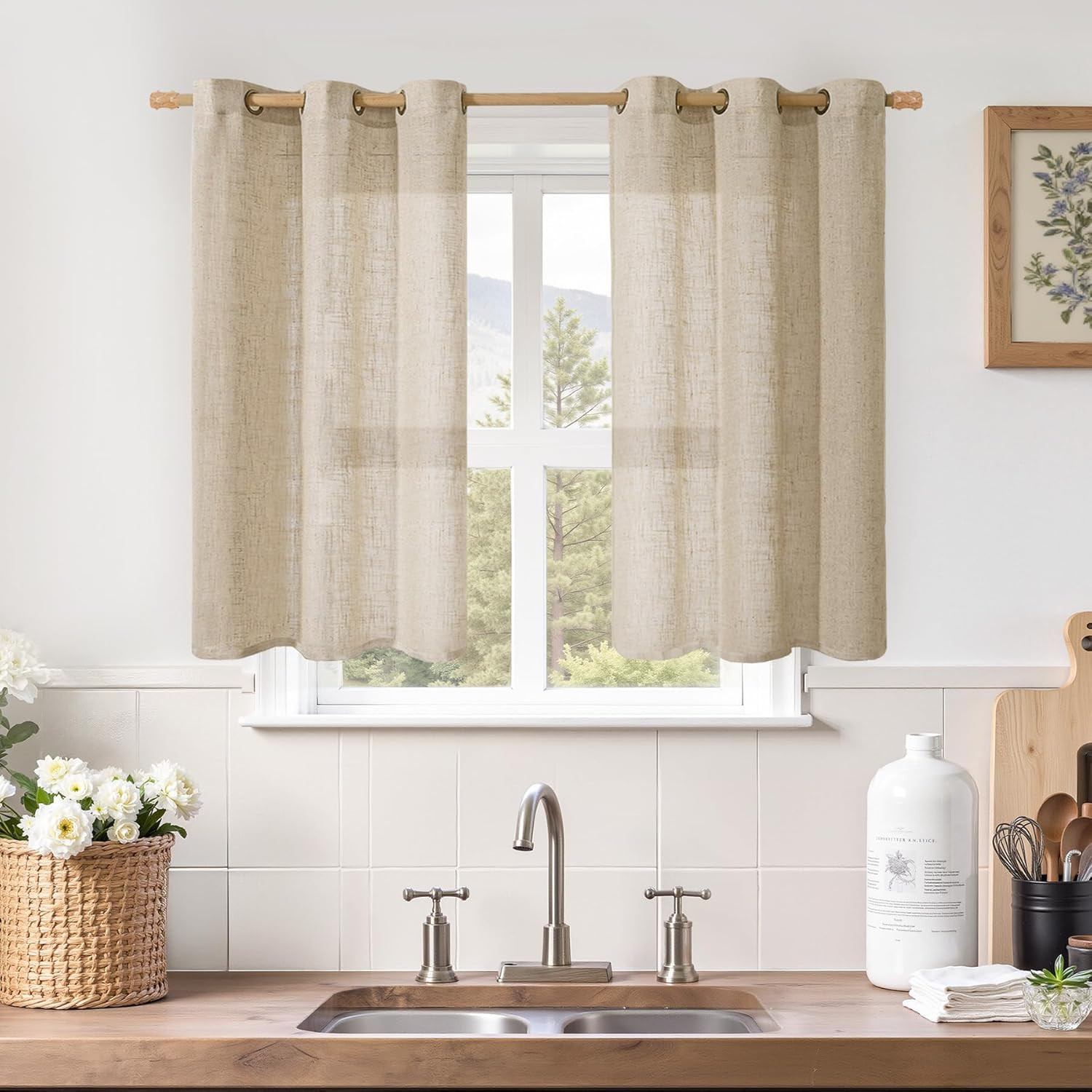 LAMIT Kitchen Linen Curtains 40 Inch Length, Soft Thick Light Filtering Bronze G