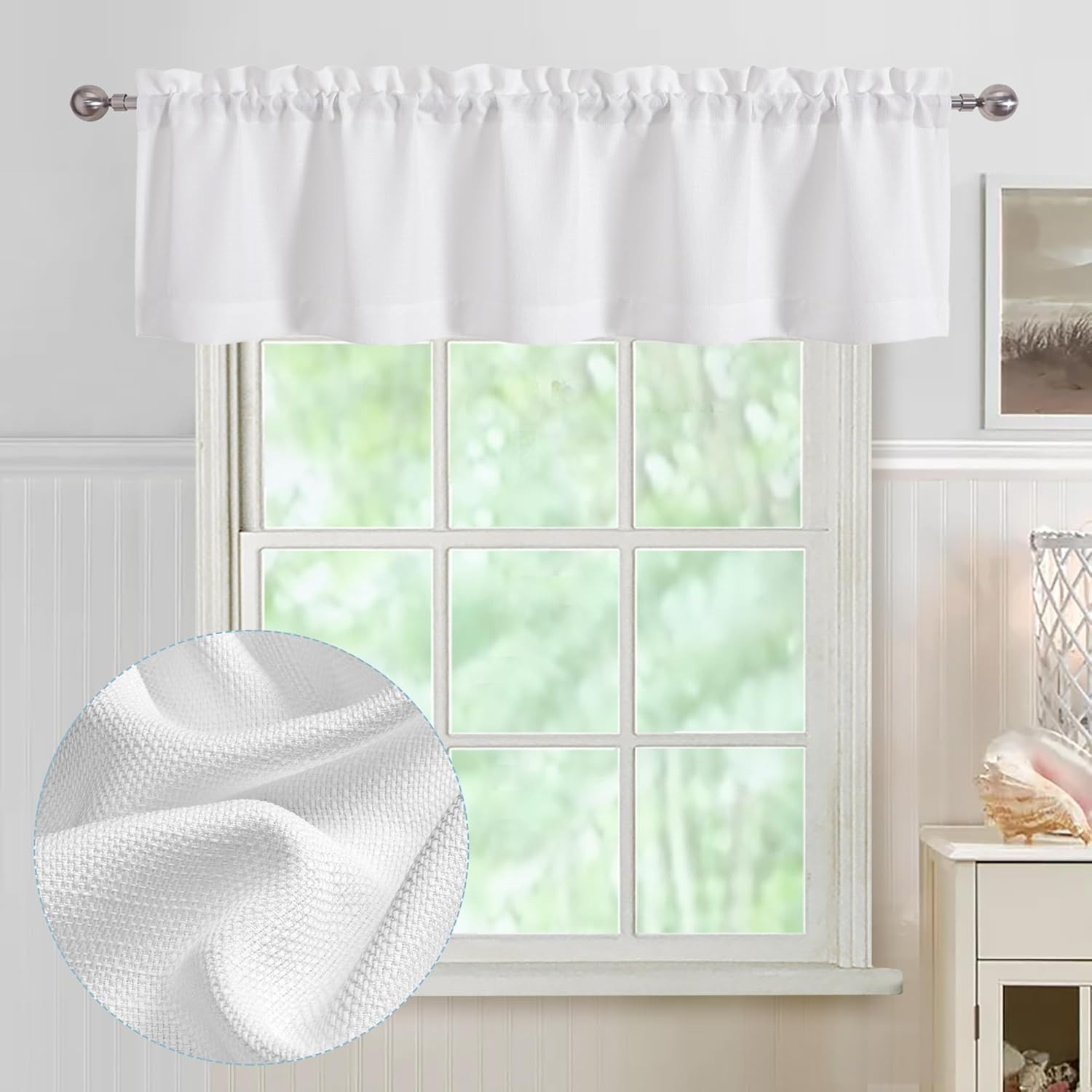 White Valance for Windows, Light Filtering Faux Linen Textured Semi Sheer Small