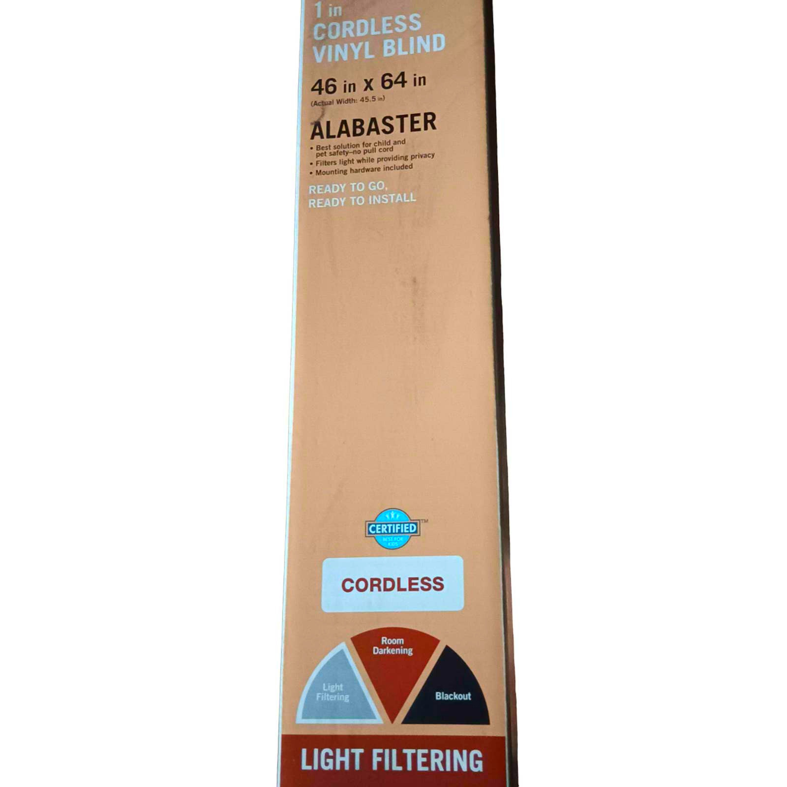 46″W x 64″L Cordless Light Filtering Alabaster Vinyl 1″ Mini Blinds + Free Ship