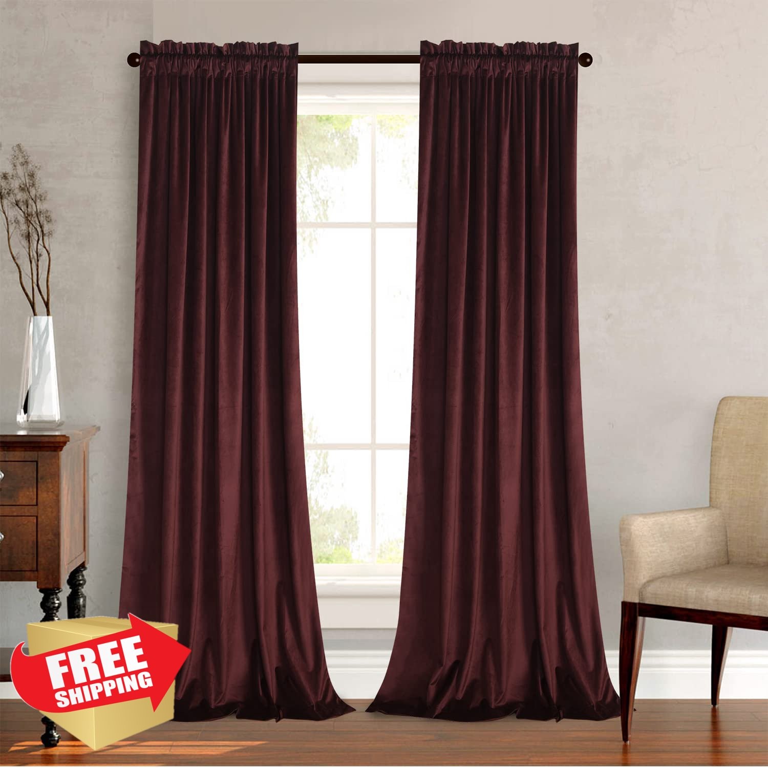 2pc Ruby Wine Velvet Curtains 52″x90″, Thermal Insulated Window Drapes