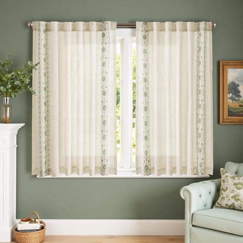 Small Window Curtains 45 Inch 54″W x 45″L (Pack of 2) Floral| Sage on Beige