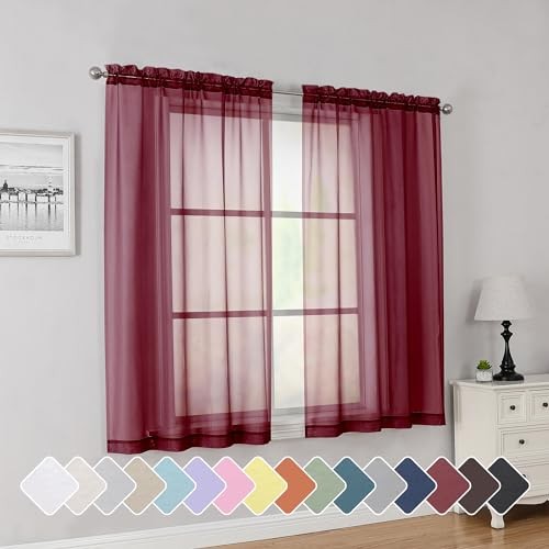Rod Pocket Top Solid Voile Sheer Curtains for 42″W x 54″L (Pack of 2) Burgundy