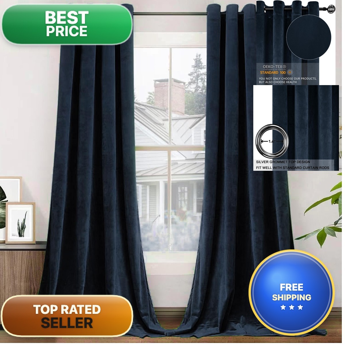 Smiletime Navy Blue 108 In Long Velvet Curtains Grommet Thermal Insulated Super