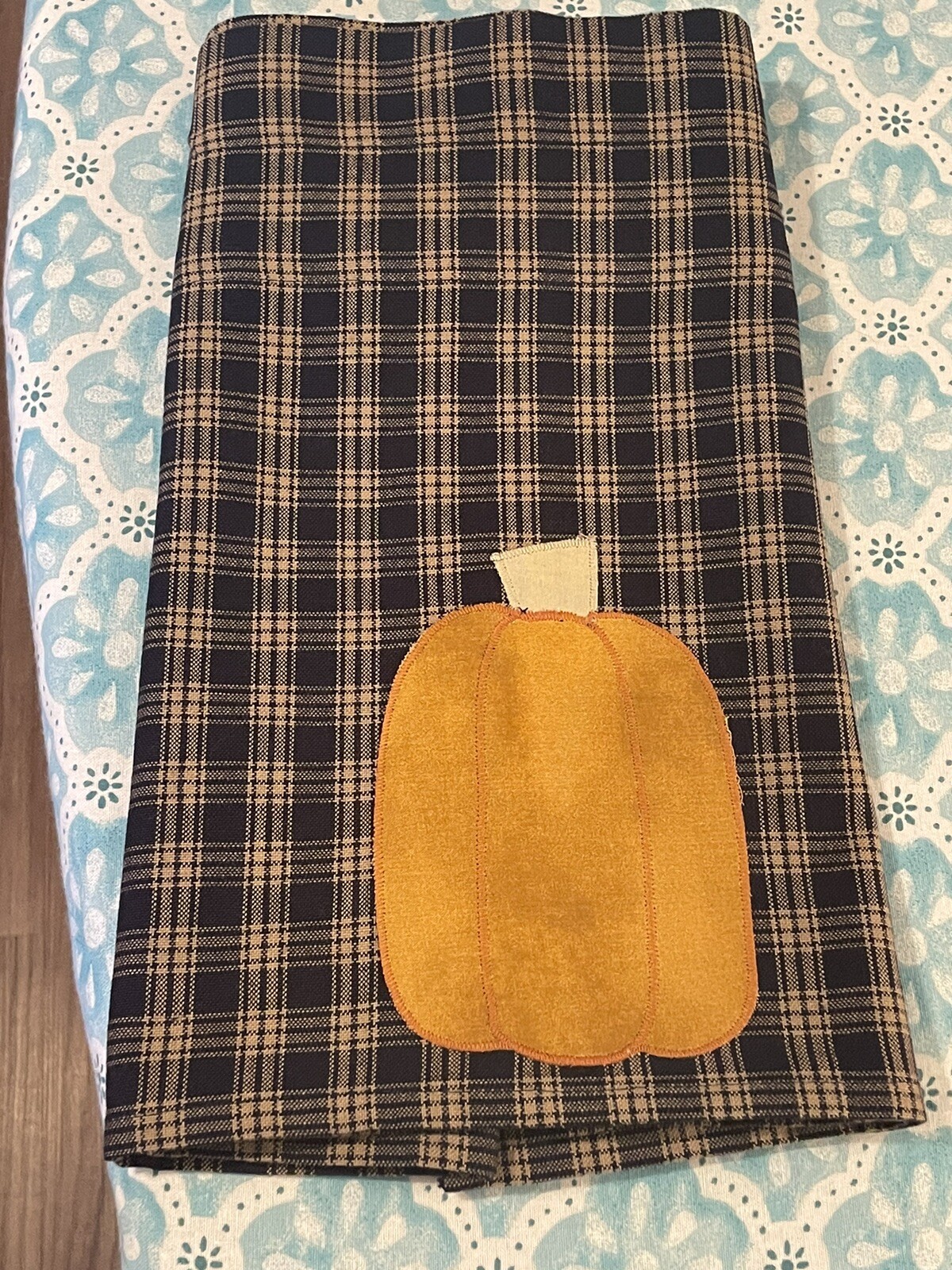 Farmhouse Country Valance Blue Tan Plaid Autumn Fall Pumpkin Applique 71”X13.5”