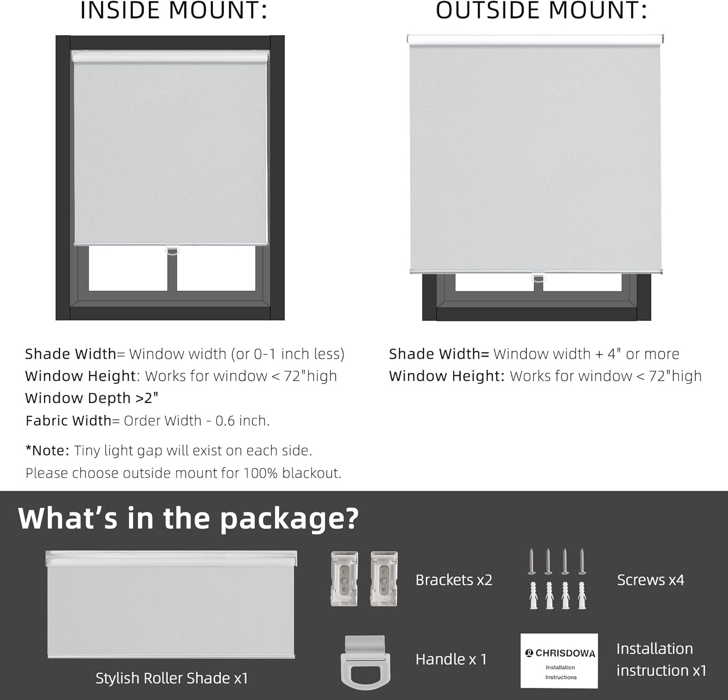 Cordless 100% Blackout Roller Blinds, Thermal Insulated, Grey, 34″x72