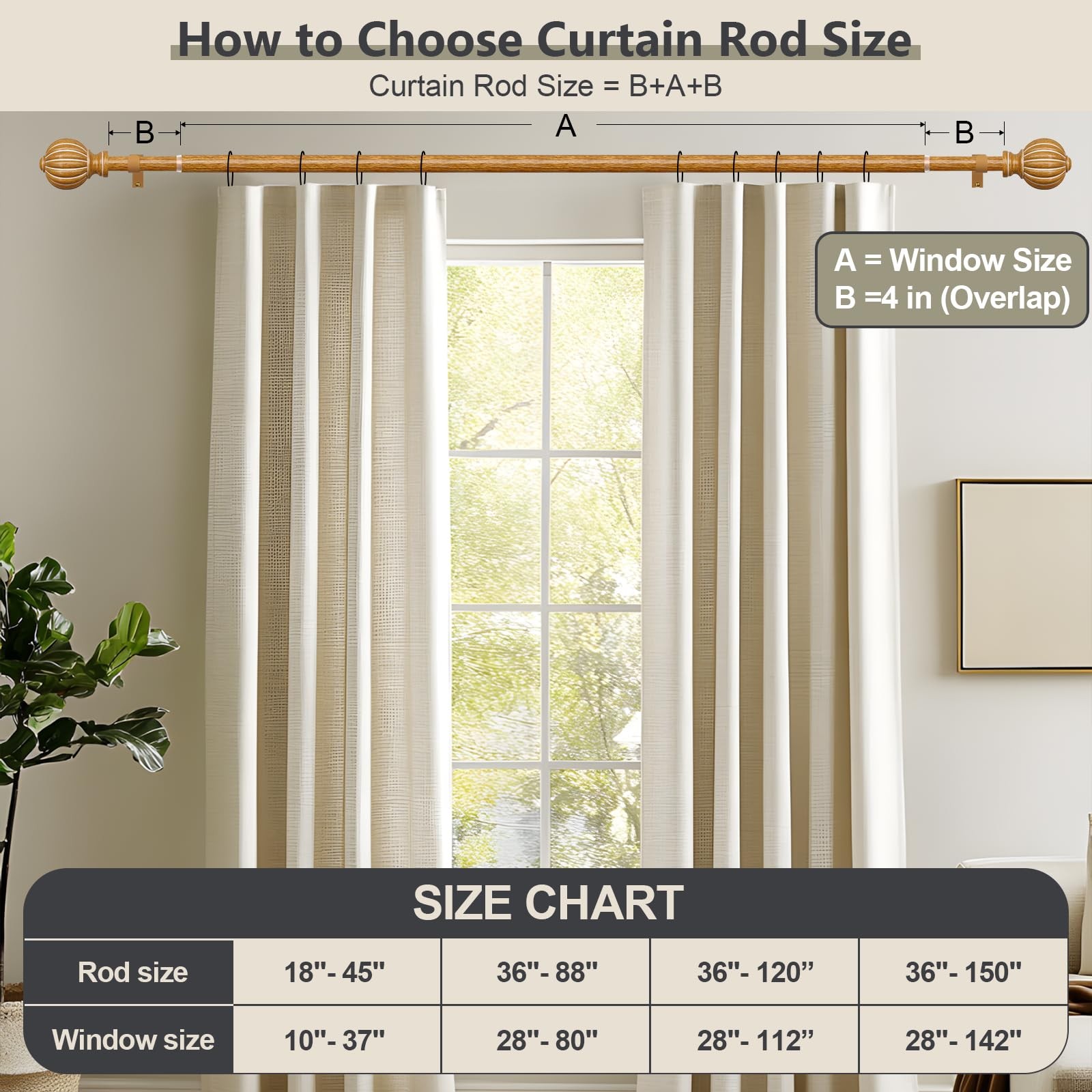 Imitation Wood Curtain Rods for Windows 48 to 84 Inch, 1 Inch Adjustable Heav…