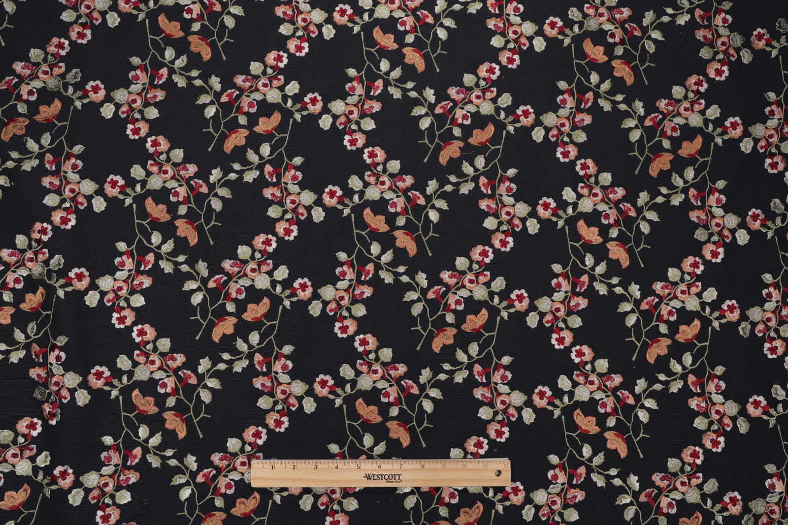 2 DRAPES Densely Embroidered Ruby Red Green Floral on Ink Black Taffeta