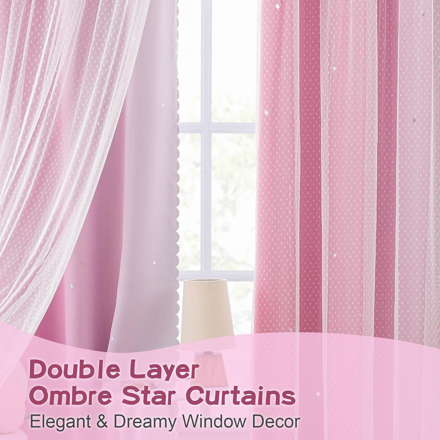 Pink Curtains 84 Inches Long Star Cut Out Decor for Girls Bedroom Kids Room Ombr