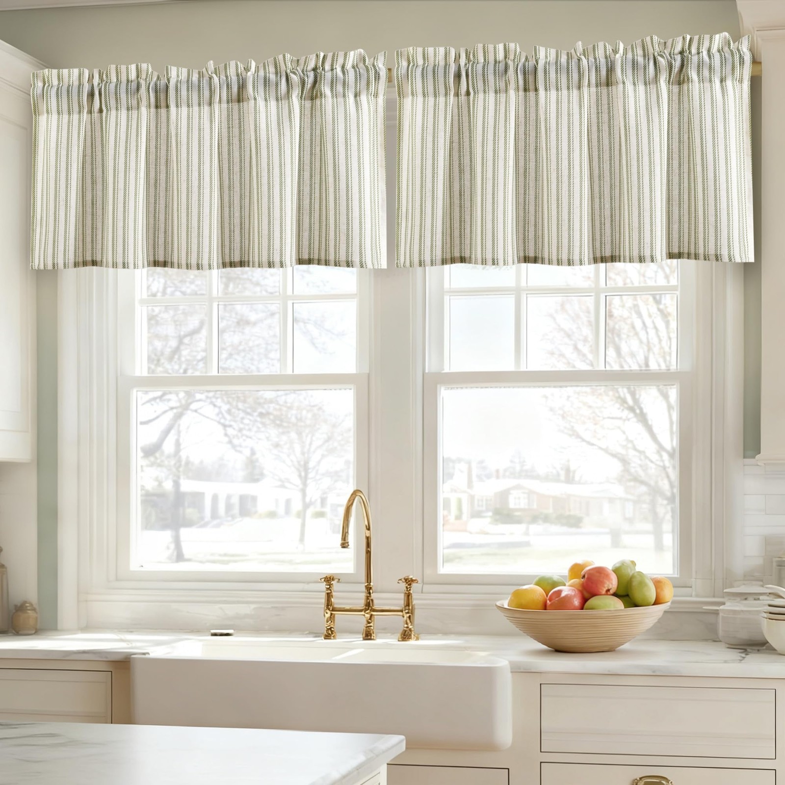 52×18 Inch Kitchen Valance – Thick Textured Linen Striped Window Valance Curt…