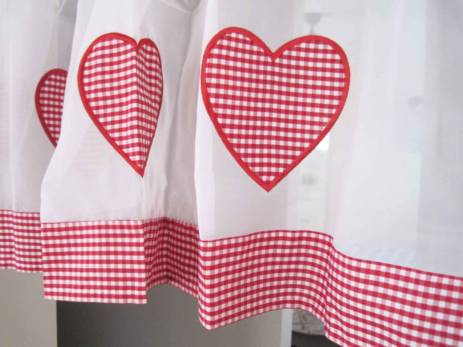 Clearance 50%OFF Red White Gingham Heart Applique Embroidery Tape Sheer Curtain