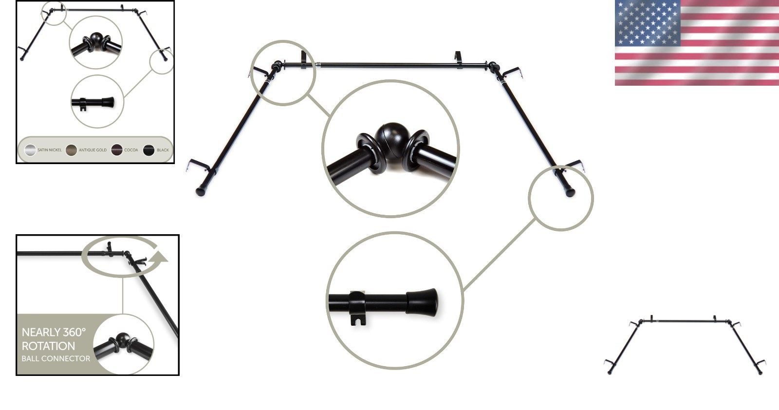 Adjustable 5/8″ Bay Curtain Rod Set – Black