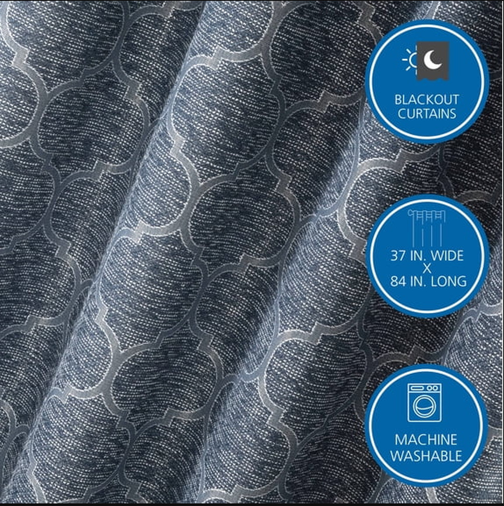 Mainstays Jacquard Blackout Panel Pair, Set of2 Curtains,Blue Ogee,37″W x 84″L