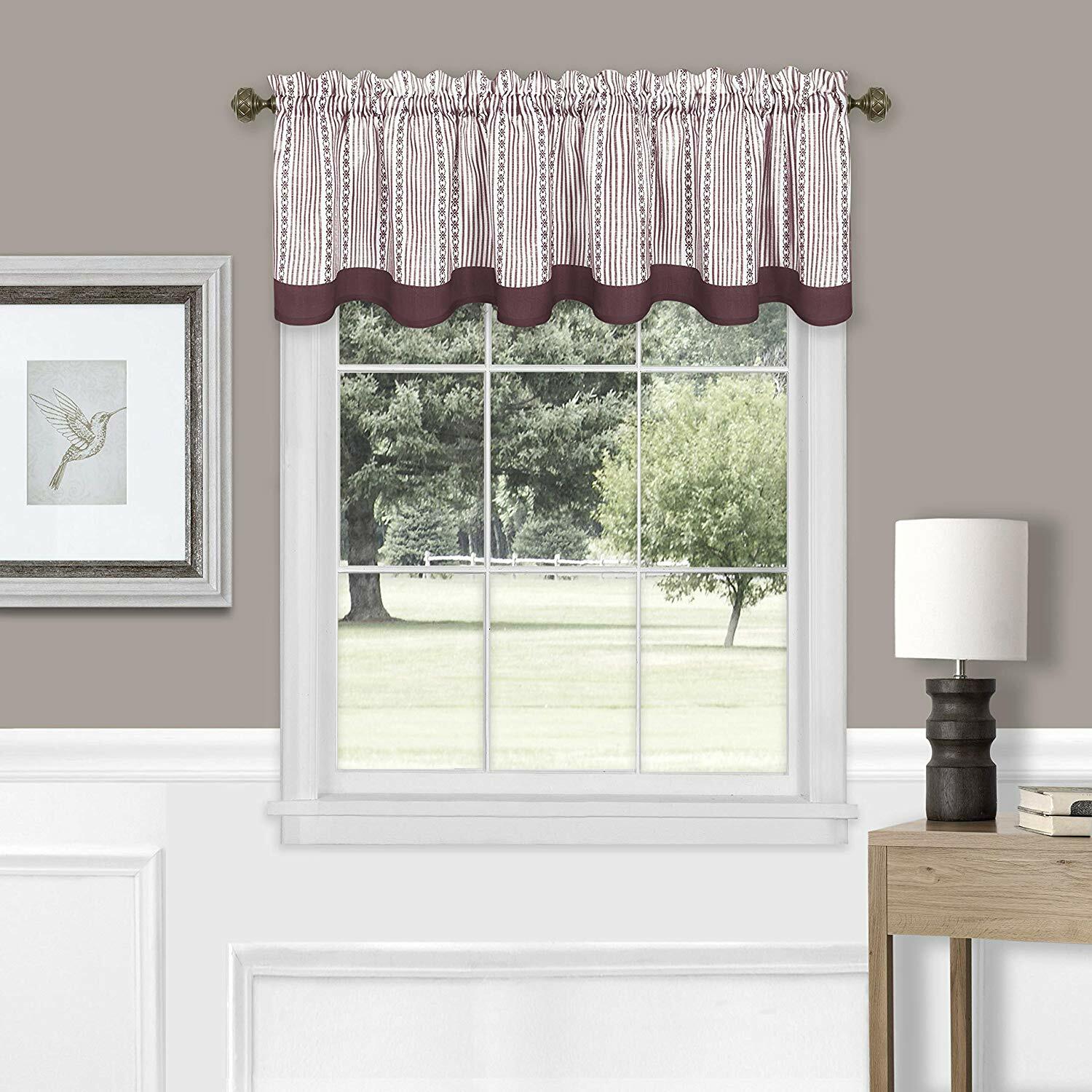 3-Piece Double Layered Window Kitchen Curtain Set Tier Panel & Valance, Burgundy