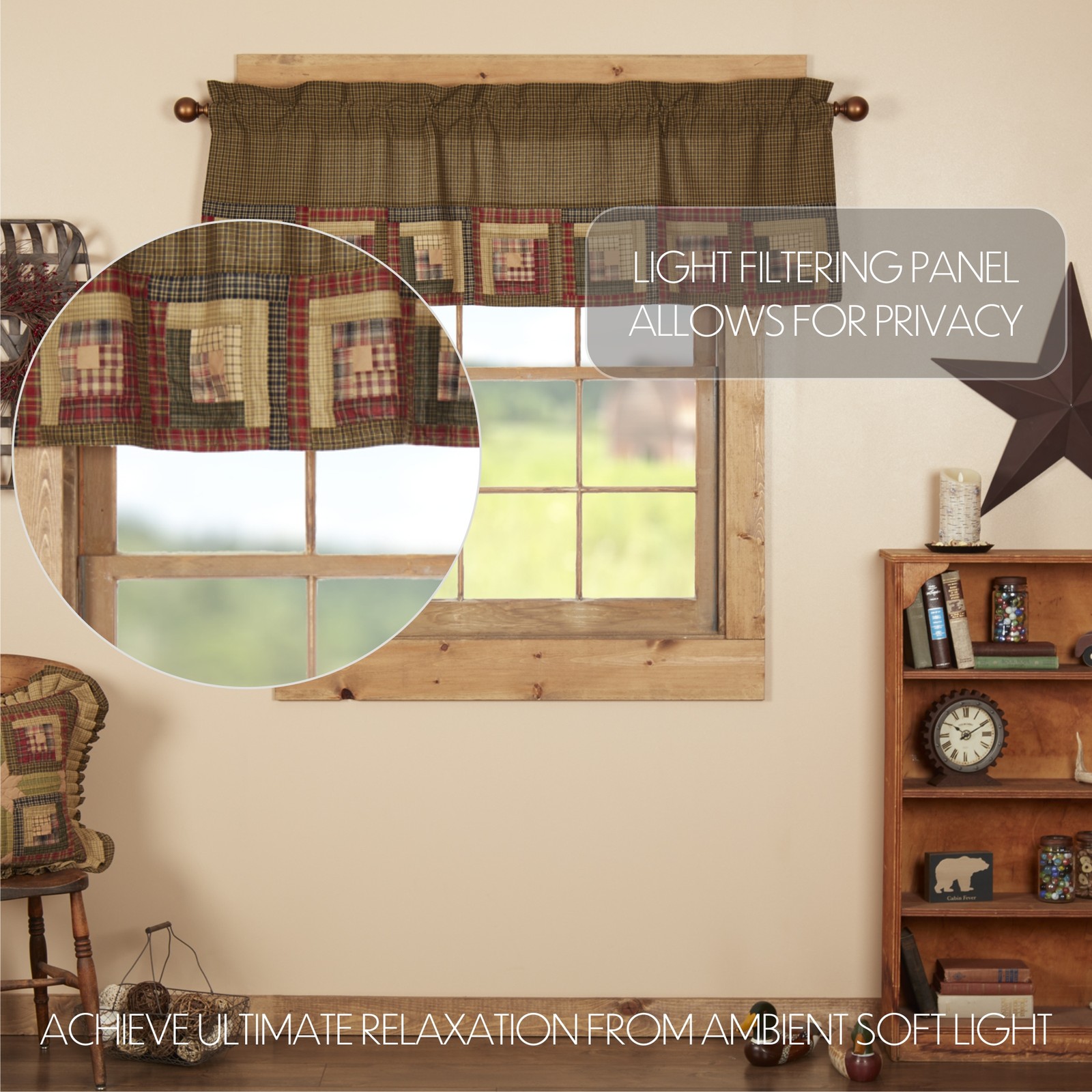 Rustic 20″x60″ Log Cabin Block Border Valance Kitchen Window Curtains VHC Brands