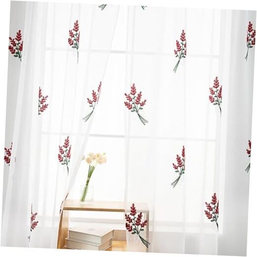 Floral Sheer Curtains Embroidered Lavender 52″W x 63″L (Pack of 2) Burgundy