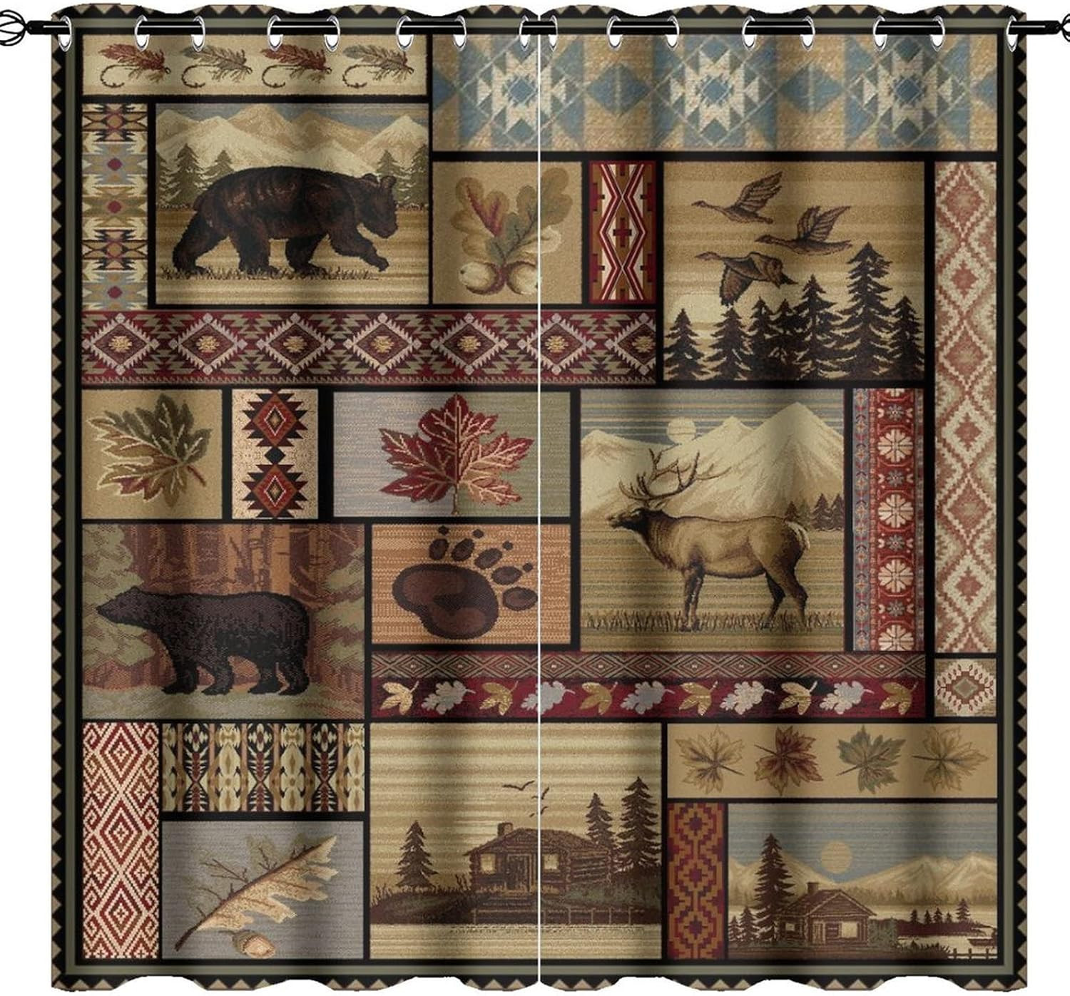 Vintage Deer Bear Farmhouse Blackout Curtains – Retro Cabin Lake Country Lodge M