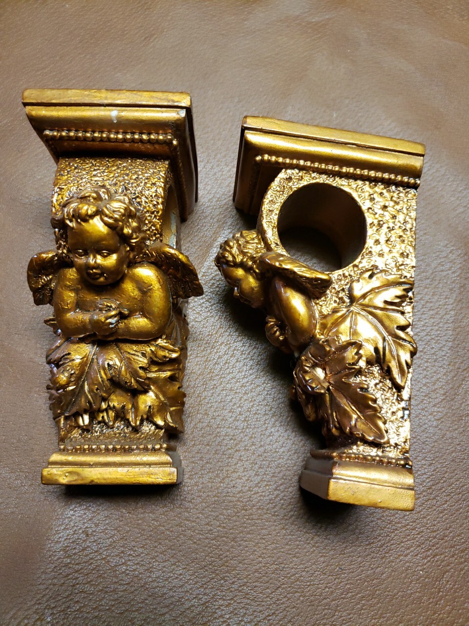 Two Ornate Resin Angel/Cherub Wall Swag Curtain Rod Corbels Sconces