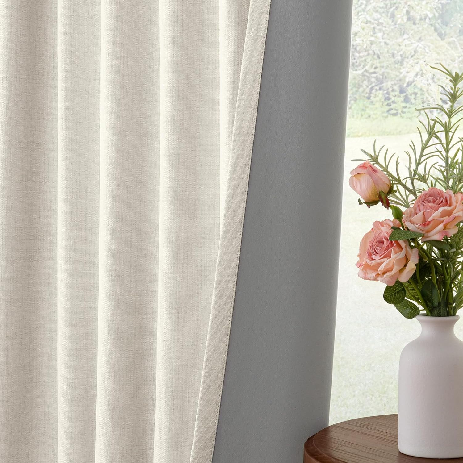 100% Blackout Curtains for Bedroom, Beige White Black Out Curtains 84 Inch Long,