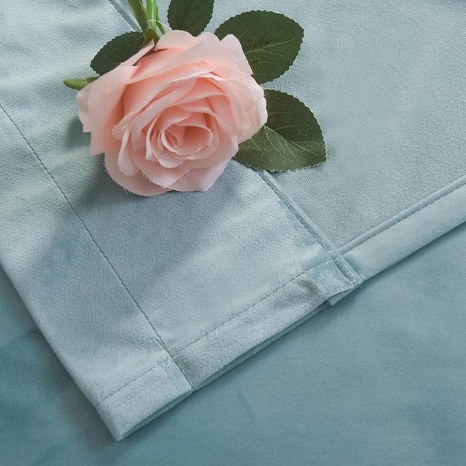 Eggshell Aqua Blue Velvet Room Darkening Insulated Curtains 2 Panel 90″L x 52″W