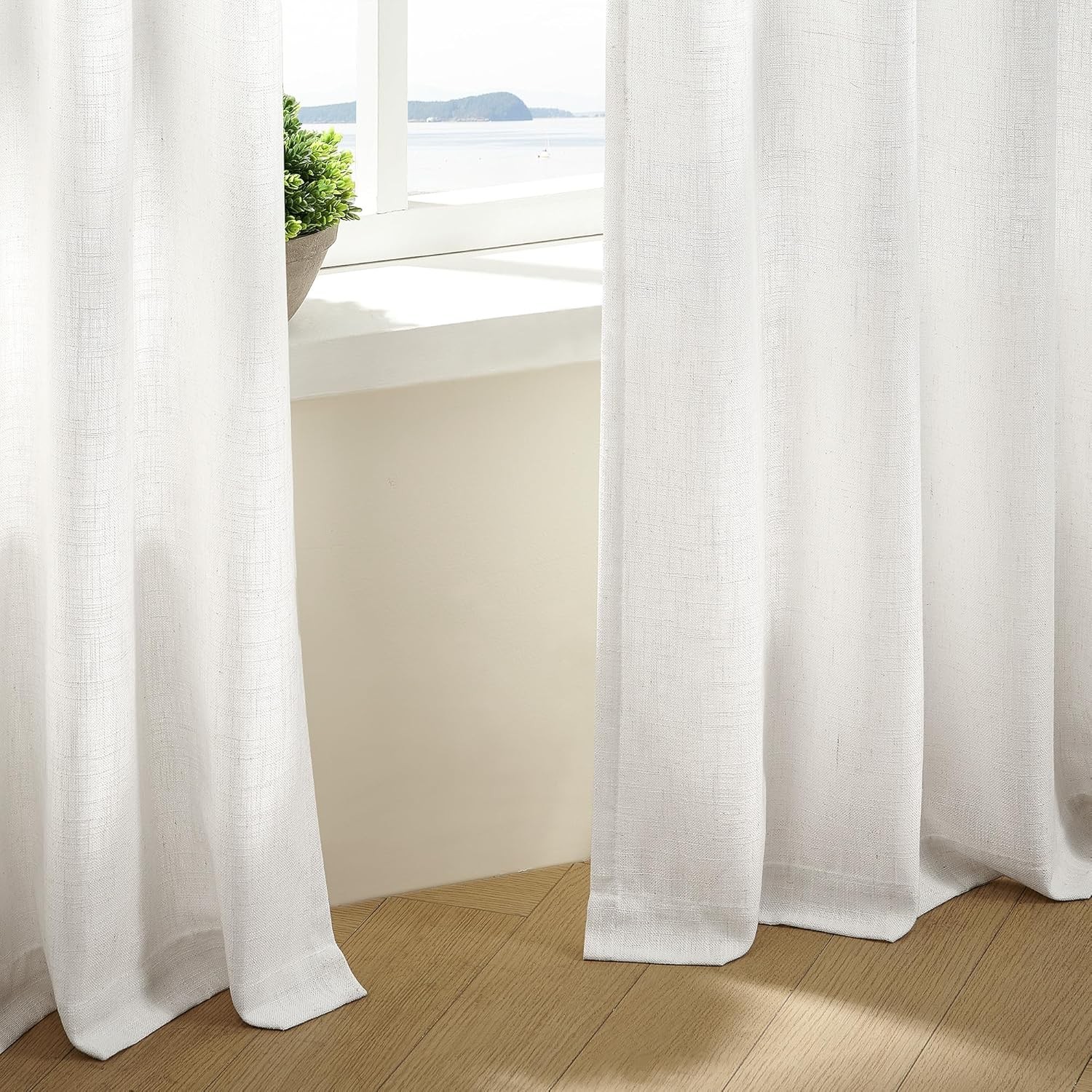 Beige White Pinch Pleated Linen Curtains 2 Panels 105 Inches Long for Living Roo