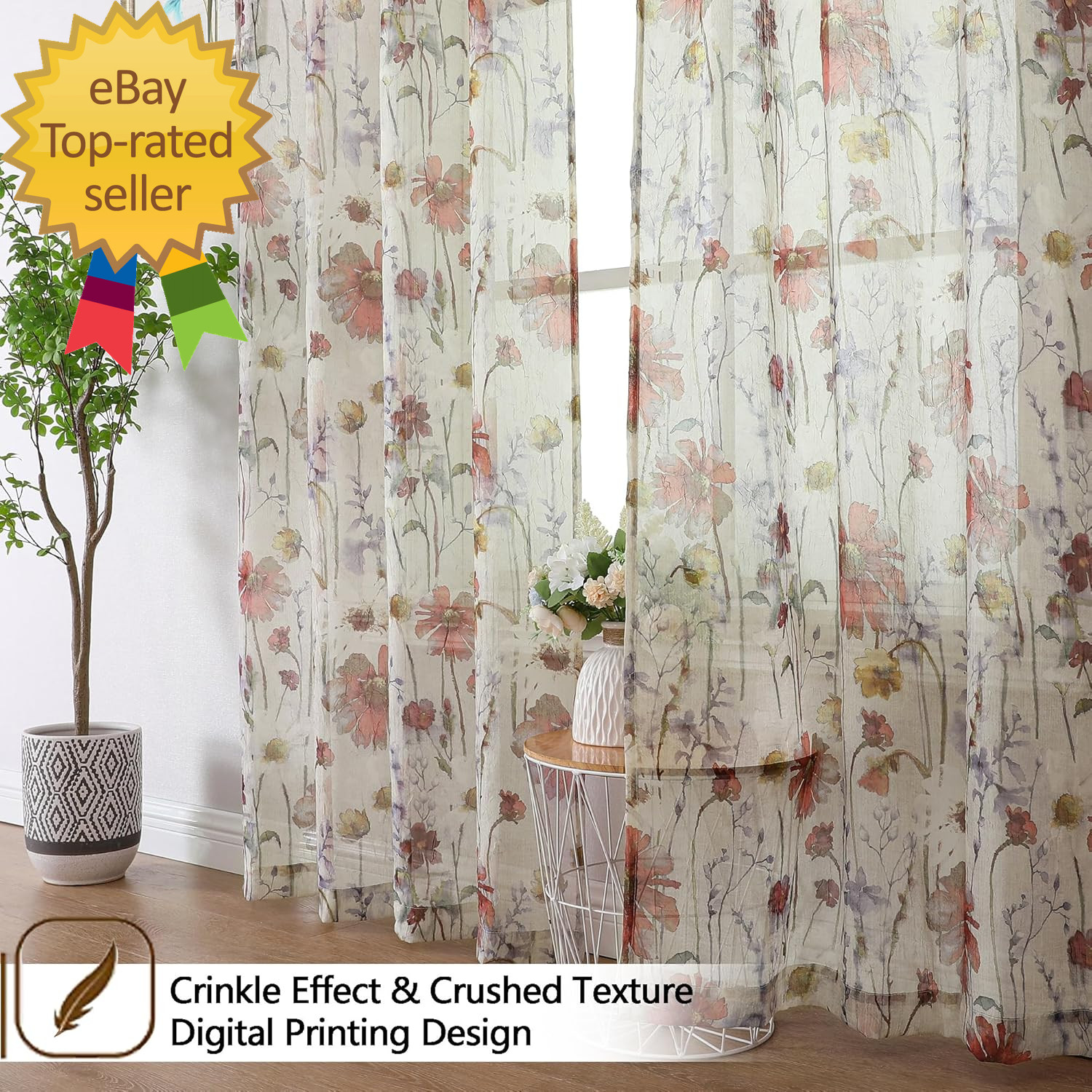 Crushed Kitchen Window Curtains 45 Inches Length 2 Panels Elegant Farmhouse