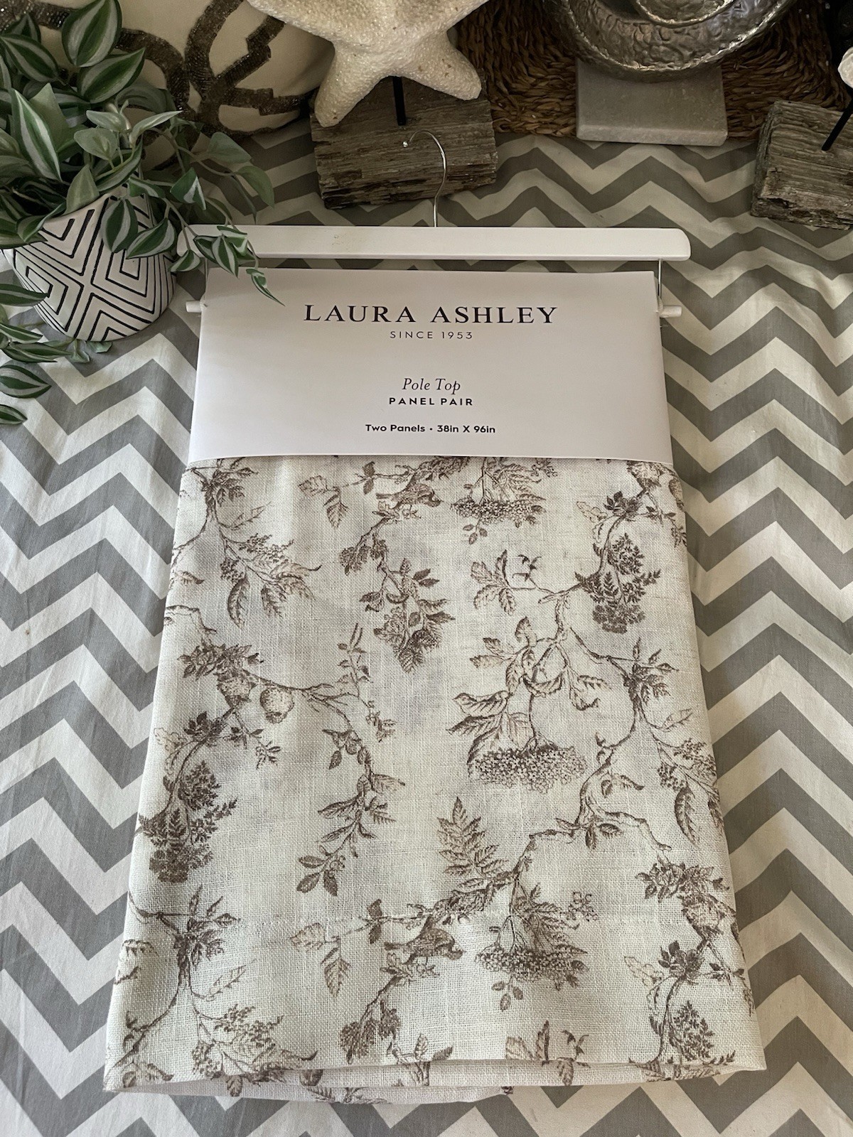 LAURA ASHLEY Birds Meadow Floral Natural Linen Blend Curtain Panel Set NEW 38X96