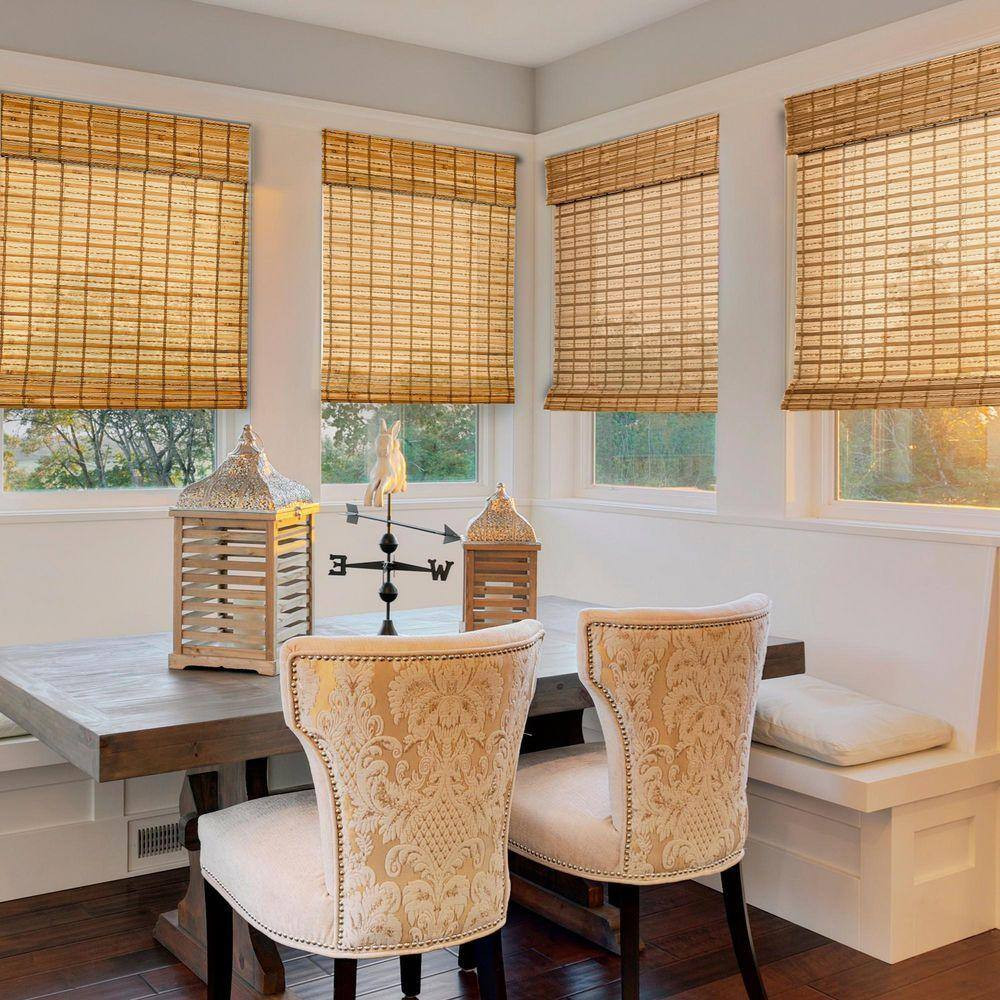 Natural Woven Light Filtering Cordless Bamboo Roman Shades for Windows, 44 In. W