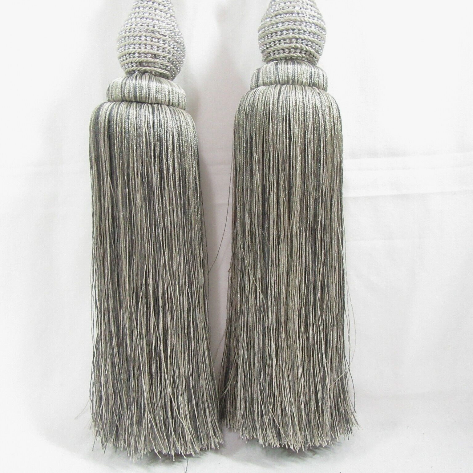 Rhinestone Embellished Silver Gray Large Tassel 4pc Tieback Set