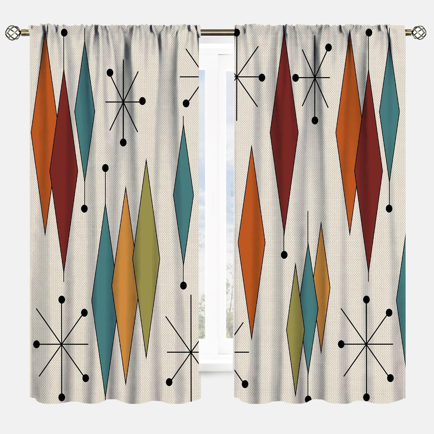 Abstract Geometric Modern Curtains Mid Century Art Colorful Orange Blue Green Wi