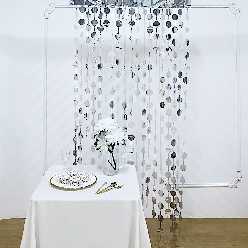 3 ft x 6.5 ft SILVER Metallic Round Foil Tassels Fringe CURTAINS Party Home