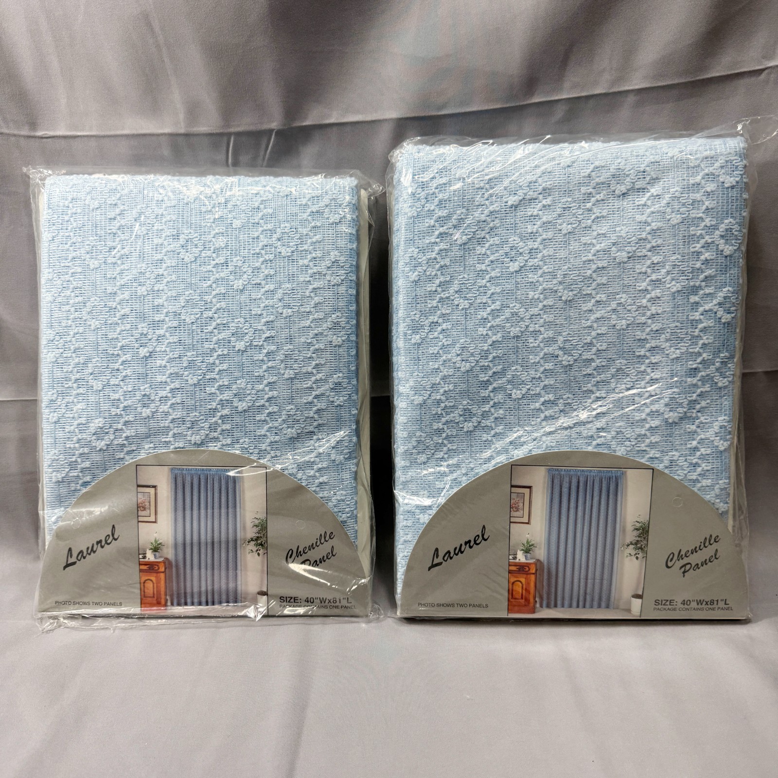 2x Vintage Laurel Chenille Curtain Panels 40×81 Blue Sky NOS Textured Drapes
