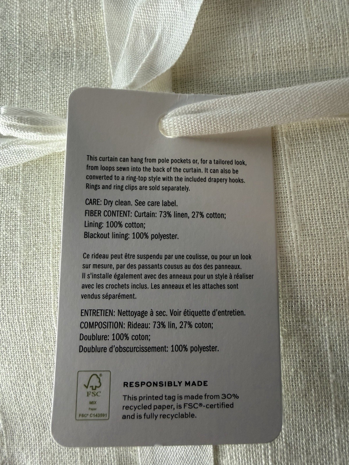 Pottery Barn Emery Curtain Blackout Lining 50×84 -Ivory