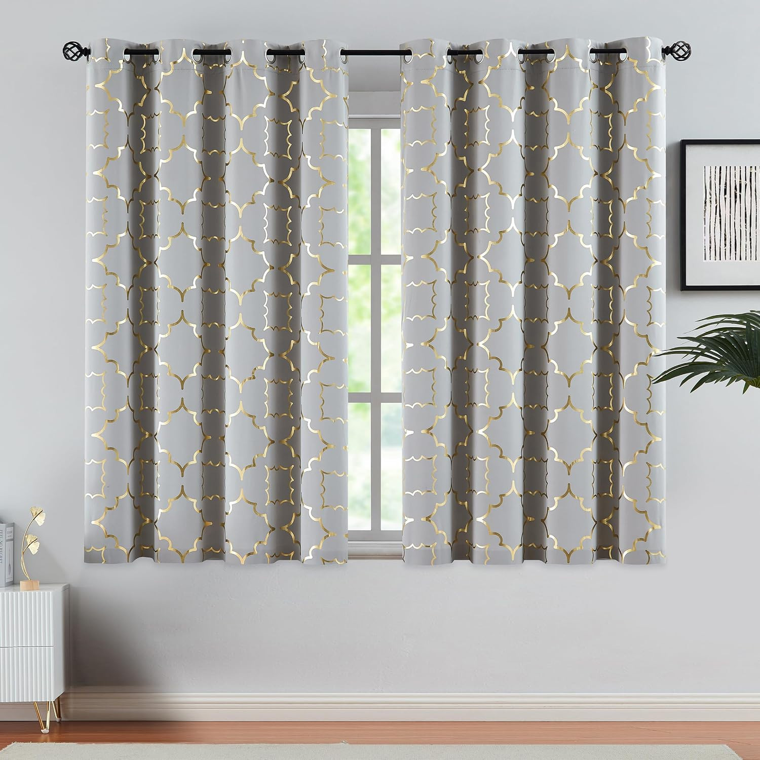 Purainbow Grey Blackout Curtains for Bedroom Living Room with Gold Foil Print Pa