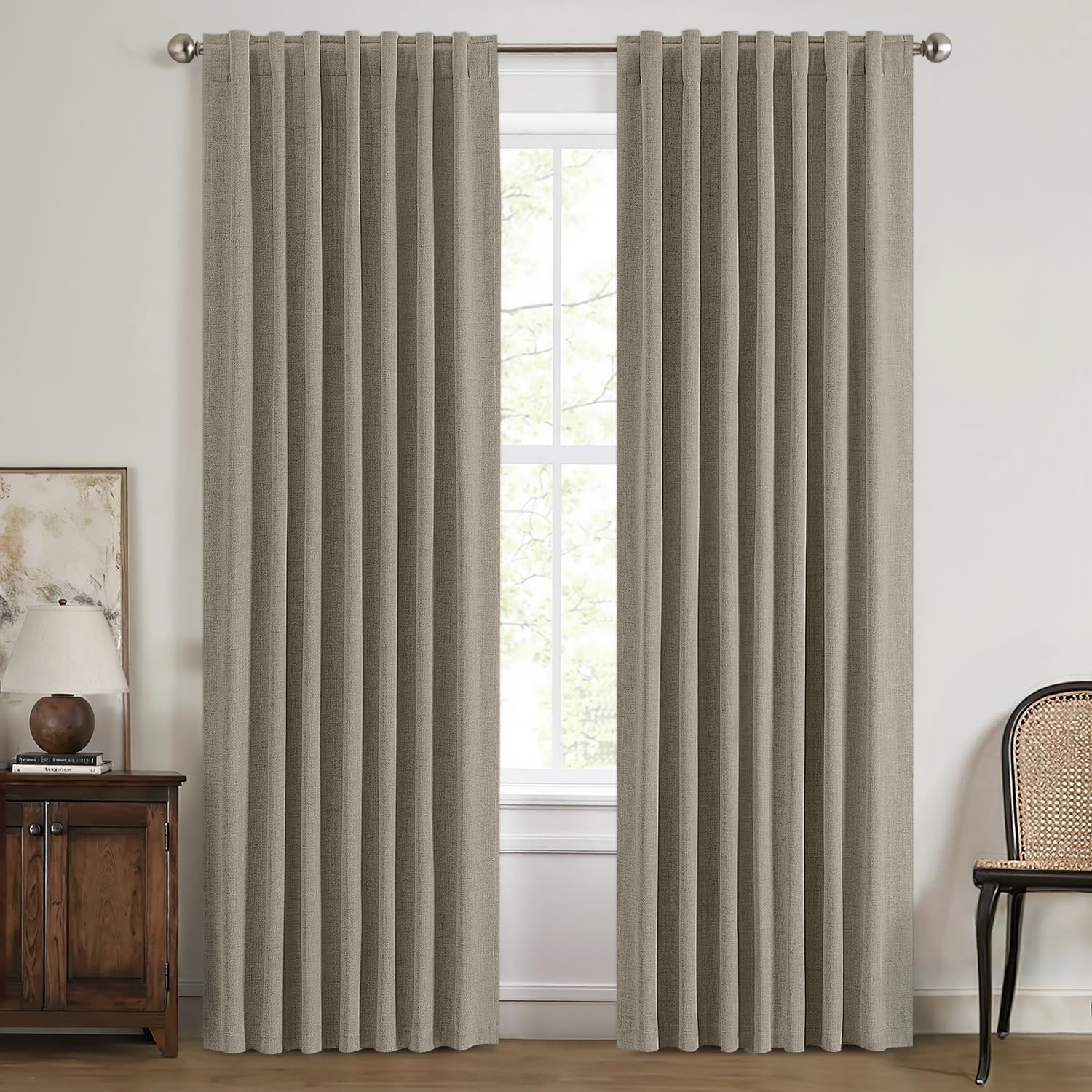 MIULEE 100% Blackout Linen Curtains for Bedroom, Faux Linen Luxury Decor Therma