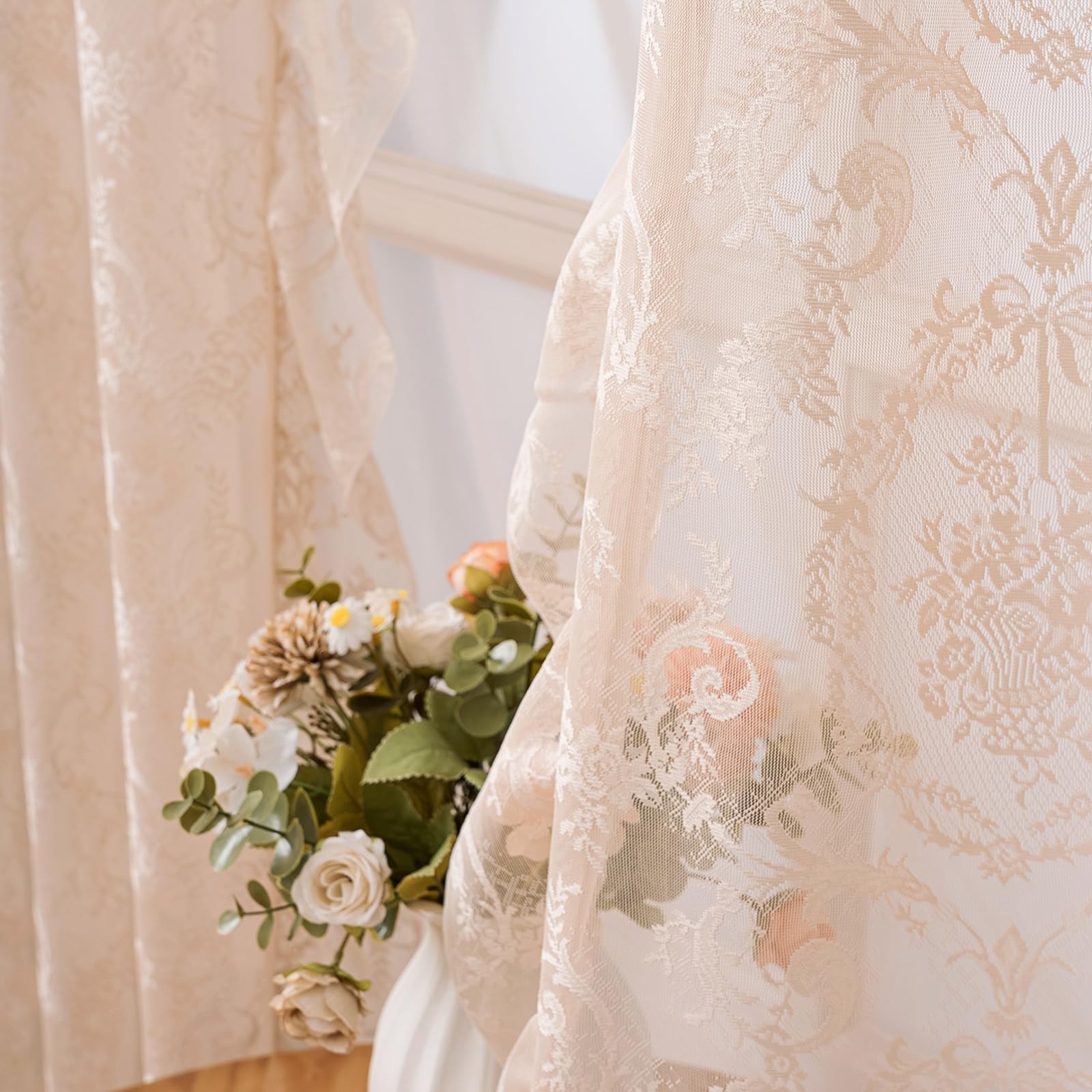 French Ruffle Lace Curtain, Cream Beige Floral Crochet Sheer Panel, 55×84 Inc…