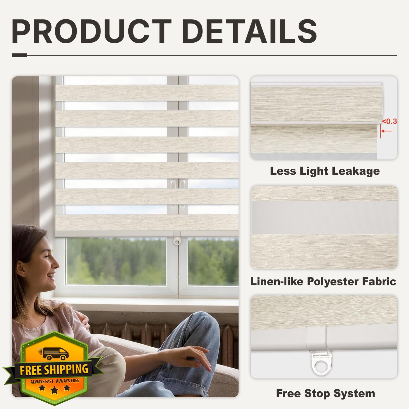 HESTIA Cordless Light Filtering Zebra Blinds, Cream, 37″ W x 72″ H | Adjustab…