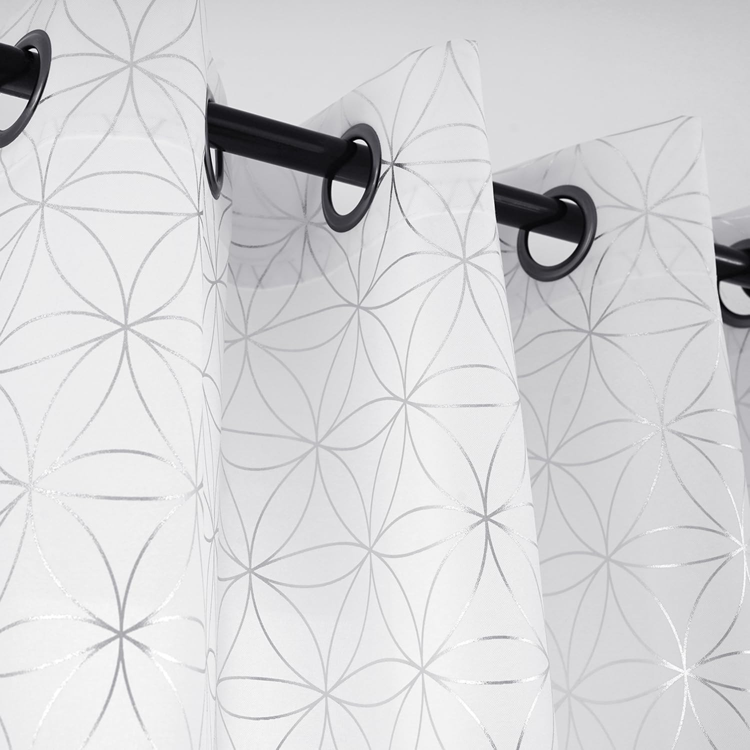 Exclusive Silver Linen Grommet Curtains, Unique Metallic Moroccan Tile Foil Prin