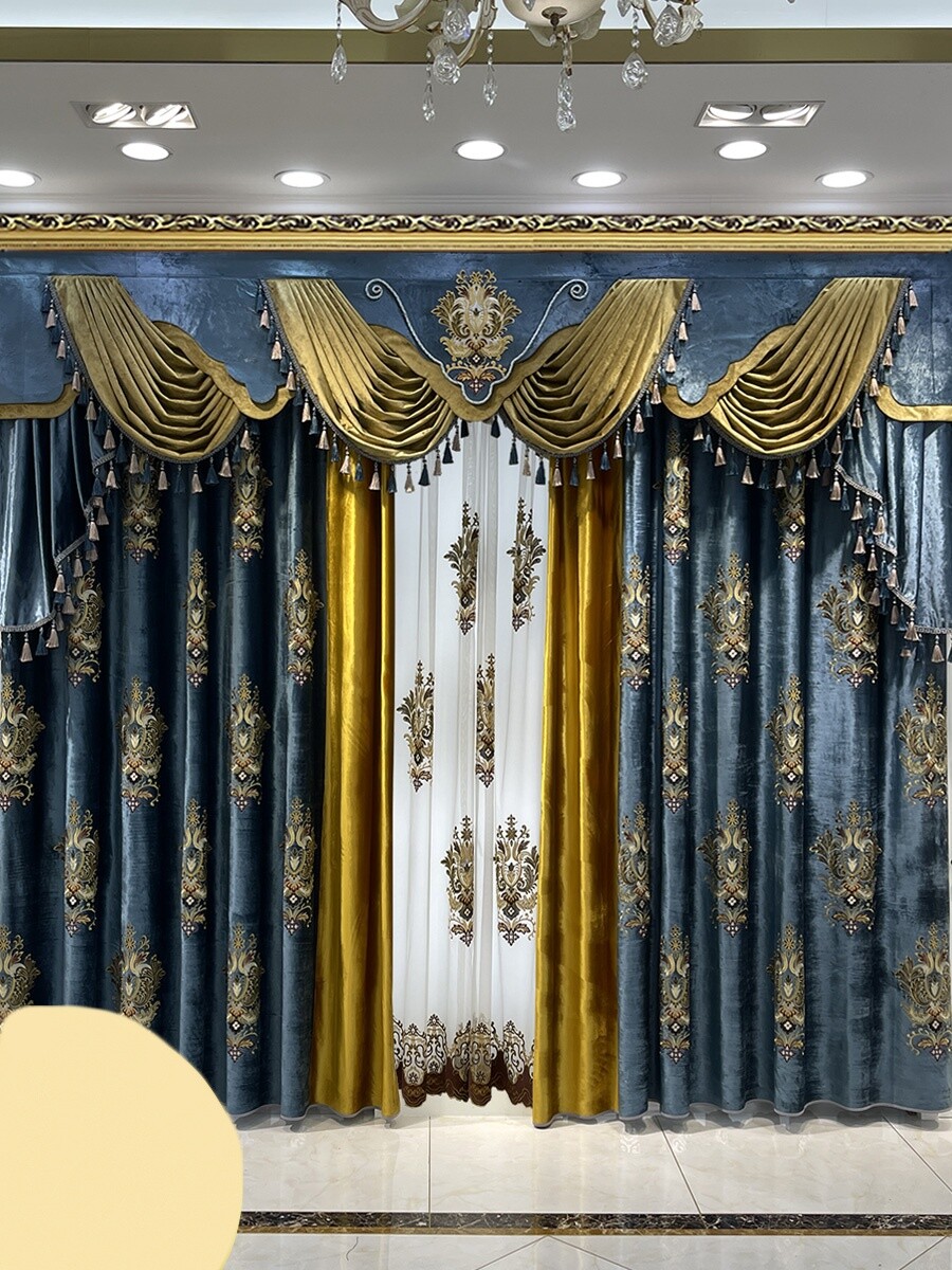 luxury European Embroidery Velvet blue thick shade curtain valance tulle M1671